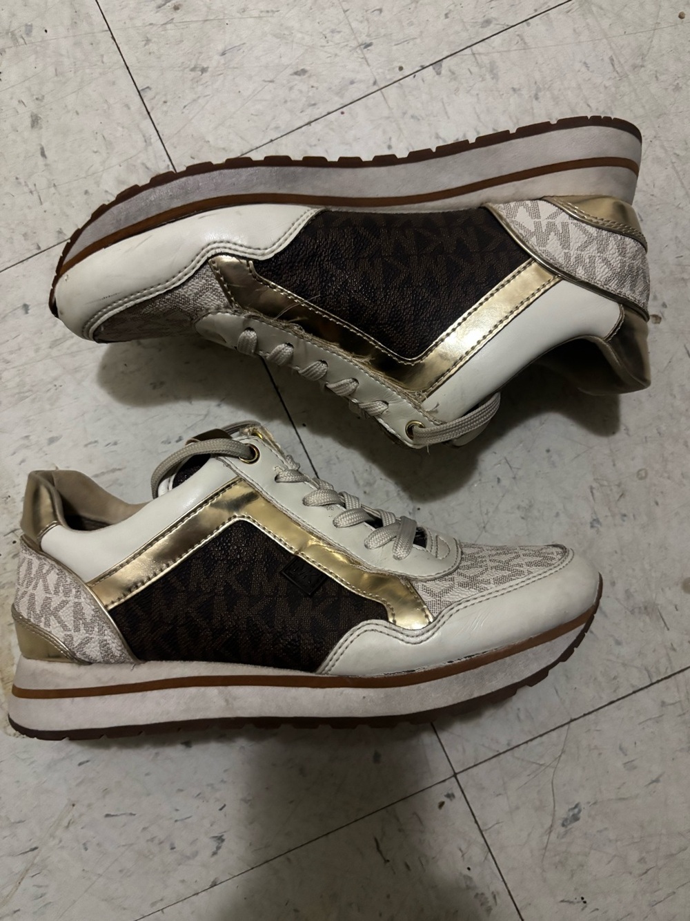 Michael Kors Brown MK Monogram Gold Accent Wedge Sneakers